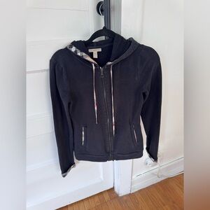 Vintage Burberry Black Hooded Zip-Up Jacket with Check Trim